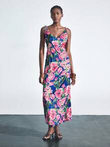 Maija 优雅花卉印花缎面连衣裙，适合海滩、音乐节、婚礼宾客、早午餐、波西米亚风格、女士生日装、秋冬 - 粉色 - 查看 7