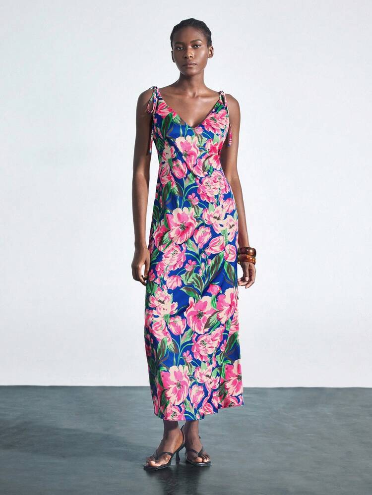 SHEIN Maija エレガントな花柄サテンドレス、ビーチ、音楽フェス、結婚式の来賓、ブランチ、ボヘミアンスタイル、女性の誕生日の服装、秋冬に適しています