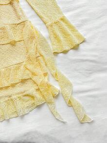 少女奶油色蕾丝露肩喇叭袖迷你连衣裙，适合派对、约会、情人节、复活节、狂欢节、下午茶、海滩、游轮、城市假日、秋冬分层穿着 - 黃色 - 查看 6