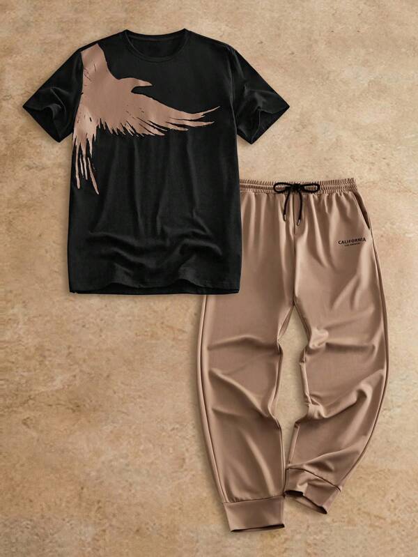 HIMLAND 2 件装男士老鹰印花圆领短袖 T 恤和字母印花抽绳腰休闲裤套装