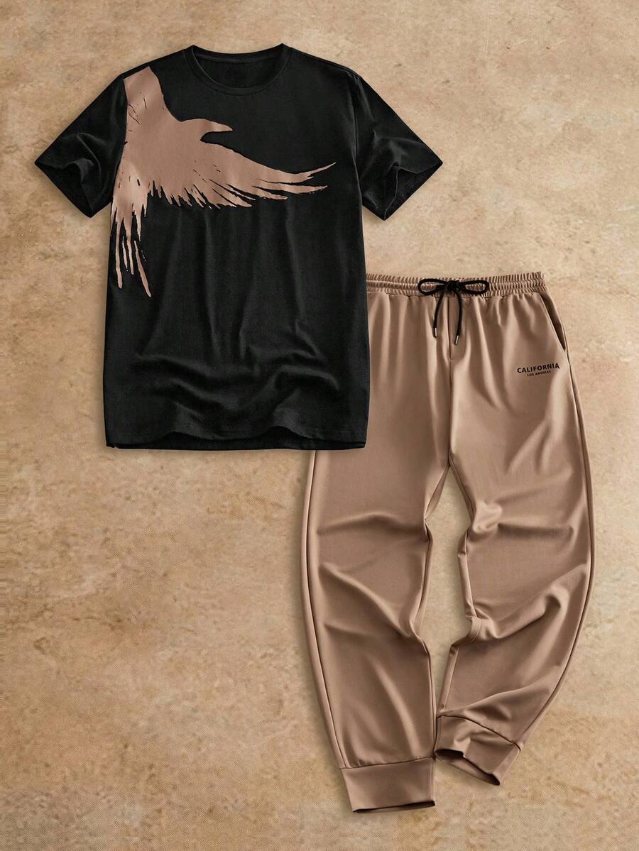 Manfinity BRENVOR 2pcs Men's Eagle Print Round Neck Short Sleeve T-Shirt And Letter Print Drawstring Waist Casual Pants Set - Camel - View 1