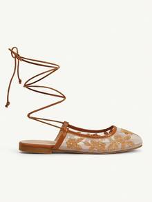 CUCCOO TILAWA 女士平底一脚蹬鞋，网眼刺绣方头穆勒鞋，优雅迷人风格 - 棕色 - 查看 9