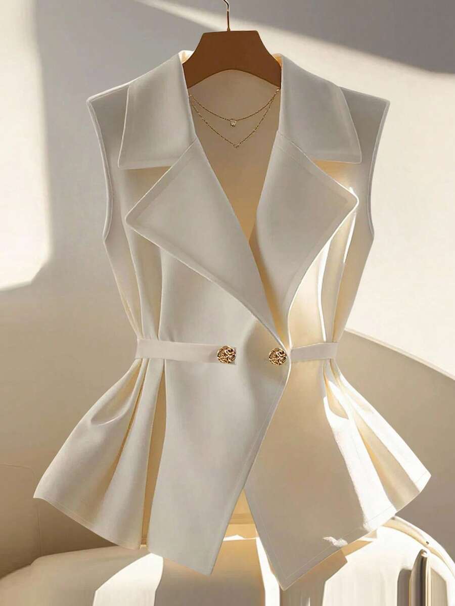 SHEIN Clasi Solid Color Pleated Metal Button Sleeveless Blouse For Women, Business/Office Attire - Apricot - View 1