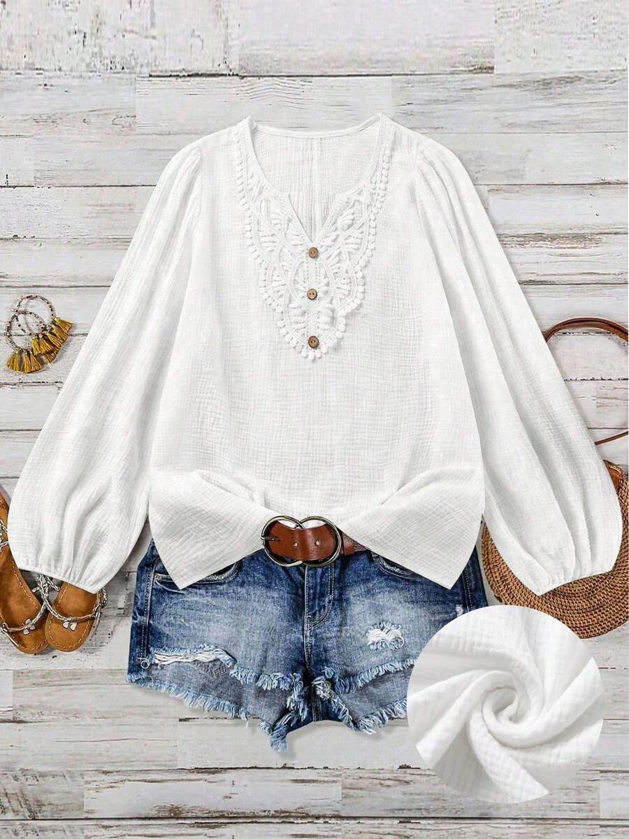 SHEIN LUNE Women's Casual Floral Collar Long Sleeve Shirt Fall Cloth For Women - Beige - View 1