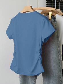 INAWLY 女士褶皱肩短袖T恤，修身剪裁，时尚百搭，春夏秋季新品 - 水鴨藍 - 查看 2