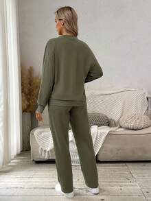 SHEIN 孕妇休闲针织开衫外套和抽绳裤套装 - 軍綠色 - 查看 2