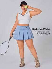 SHEIN Essnce Plus Size Women's Spring/Summer Knitted Denim Pleated Skirt With Shorts - Light Wash - View 5