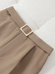 GlowEve 女士优雅日常通勤百搭时尚摩卡棕色阔腿裤，撞色下摆设计 - 摩卡棕 - 查看 6