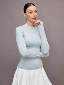 Activina Women's Solid Color Long Sleeve Zip-Up Fitted Sports Jacket - Grey - View 4