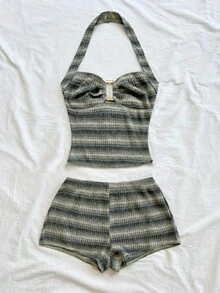 Soleia 女式条纹针织纹理面料金属装饰露背领口短款上衣和超短裤 2 件套，适合派对、圣诞节、约会、夜总会、海滩、游轮、下午茶、波西米亚风、波西米亚风、度假、秋季 - 黑與白 - 查看 4