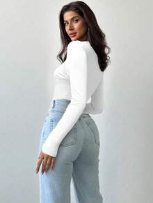 Firerie Women's Elegant Delicate Fashion Hollow Rose Metal Decor Tight Fit Long Sleeve Black T-Shirt, Autumn,White Shirt