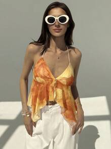 Aloruh 全新花卉和热带印花性感深 V 领露背短款上衣，适合外出、海滩、度假 - 黃色 - 查看 3
