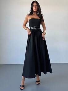 Firerie Women's Casual Versatile Daily Commute Vacation Street Fashion Double Waistband Tube Top A-Line Midi Dress, Black - Black - View 6