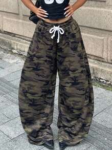 Coolane 女士秋季四季外出街头服饰复古弹力腰带迷彩针织阔腿休闲图案弧形下摆裤 - 彩色 - 查看 4