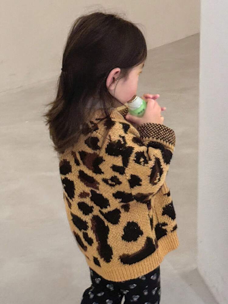 Baby Girl Allover Leopard Print Casual Cardigan, Spring/Autumn