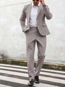 Manfinity Mode Conjunto de traje de hombre con blazer de cuello solapa y pantalones, de unicolor, de manga larga - Marrón - Ver 5
