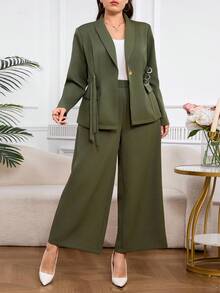 Modelyn 加大码女式两件套可调节腰部西装外套和阔腿裤套装秋冬装 - 軍綠色 - 查看 3