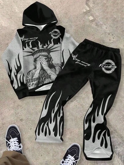 SHEIN 2-delige set casual losse hoodies en broeken voor jongens met Vrijheidsbeeld, vlammen, zwarte vlammen, geschikt voor herfst/winter, streetstyle, punk, rock, terug naar school, rapper, knappe jongen, jongens van 2 jaar en ouder