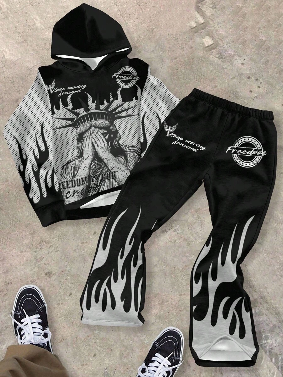 SHEIN Bolty 两件套青少年男童休闲宽松自由女神像火焰图案黑色火焰印花连帽衫和裤子套装，适合秋冬季节，街头风、朋克风、摇滚风、返校季、说唱风、帅气男孩风格，适合10-12岁青少年男孩。潮流男童套装，适合8-9岁Y2K风格男孩，秋季潮流男童套装。 - 彩色 - 查看 1