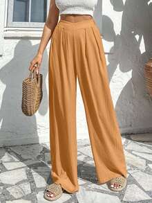 EURMUSE Women's Casual Solid Color Pleated Textured Loose Pants - Camel - View 5