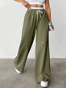 CasuGlow Drawstring Waist Cut Out Casual Sweatpants - Olive Green - View 5