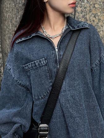 FRIFUL جاكيت جينز كاجوال فضفاضة مع سحاب وأكمام طويلة منسدلة للنساء في فصل الخريف