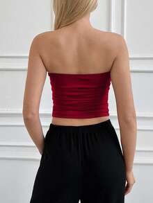 EURMUSE 2pcs Women Solid Color Ruched Bandeau Sleeveless Crop Top Set - Multicolor - View 3