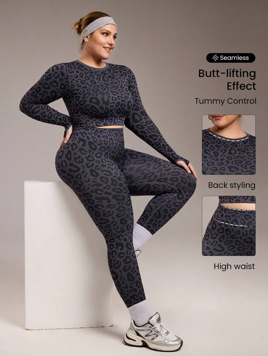 Rhythm Era 大码女式豹纹长袖上衣和紧身裤套装健身套装 - 彩色 - 查看 1