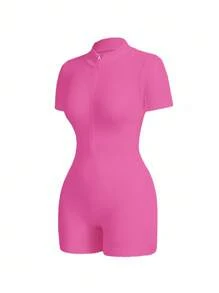 Ribbed Knit Jumpsuit With Half Zip - Fuchsia Pink - View 3