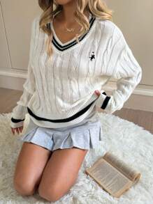SHEIN 少女V领长袖条纹休闲套头毛衣，优雅柔软，长袖上衣学院风毛衣，麻花针织V领毛衣，万圣节，Glowmode，秋季，冬季，白色麻花针织毛衣，白色针织毛衣 - 黑與白 - 查看 3
