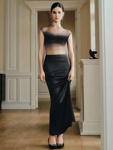 Anewsta 渐变色半透明弹力修身短袖T恤上衣