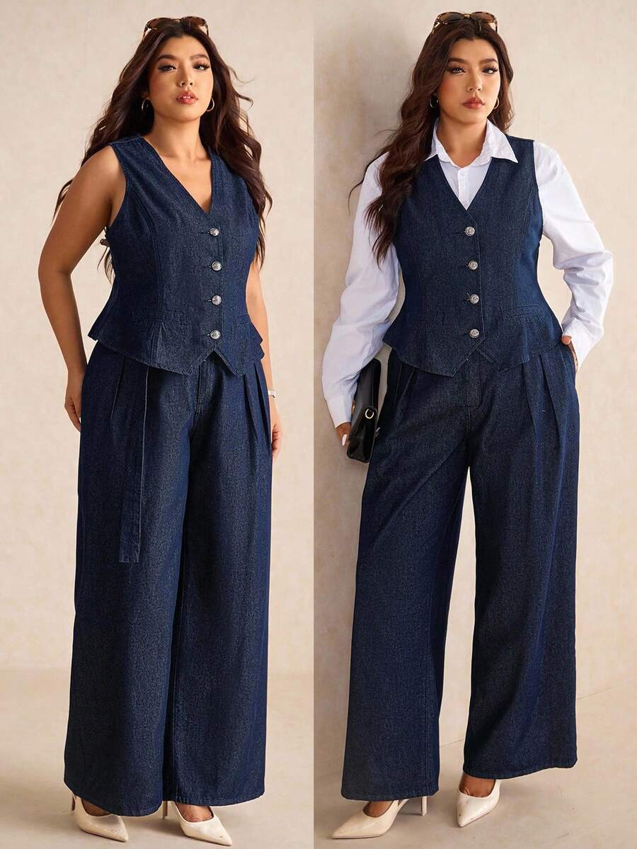 Elaquor Plus Size Dark Blue Denim Two-Piece Sleeveless Vest Plus High Waist Straight Pants Can Be Layered And Worn For An Elegant French Autumn Outfit