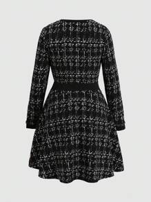 青少年女孩休闲简约舒适纽扣设计圆领长袖连衣裙 - 黑色 - 查看 2