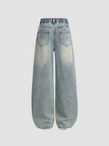 SHEIN Sparklyn Jeans anchos de pierna recta con diseño de pespunte de contraste amarillo y lavado azul, de ajuste holgado, para niñas. Adecuados para salidas casuales y uso al aire libre en primavera, otoño e invierno