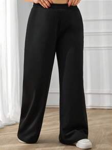 EURMUSE Plus Size Women Solid Color Low Waist Wide Leg Pants - Black - View 3