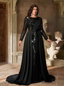 Aureia Đầm dạ hội cỡ lớn dành cho mùa thu đông, thanh lịch, lãng mạn, lộng lẫy, màu đen đính sequin, chất liệu satin, cổ tròn, tay dài xếp ly bất đối xứng, dáng ôm đuôi cá, thích hợp cho tiệc tối, tiệc độc thân, hẹn hò, kỳ nghỉ, lễ hội âm nhạc, mùa tựu trường, đám cưới, sự kiện, ngày Valentine. - màu đen - Xem 7