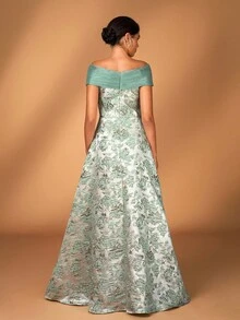 Serin 优雅奢华露肩提花缎面褶皱欧根纱褶皱 A 字裙，适合婚礼、活动、单身派对、度假、庆典、新娘母亲礼服 - 綠色 - 查看 2