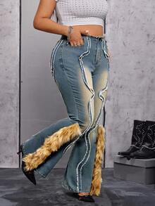SHEIN Unity Plus Size Fashionable Vintage Fuzzy Patch Decorated Denim Jeans Fur Trim Jeans - Blue - View 9