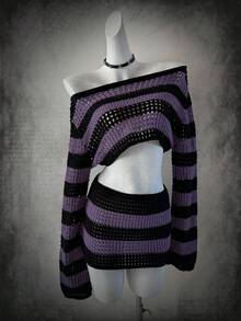 SHEIN Unity Y2K 女款露肩短款镂空针织上衣和迷你裙套装 - 彩色 - 查看 1