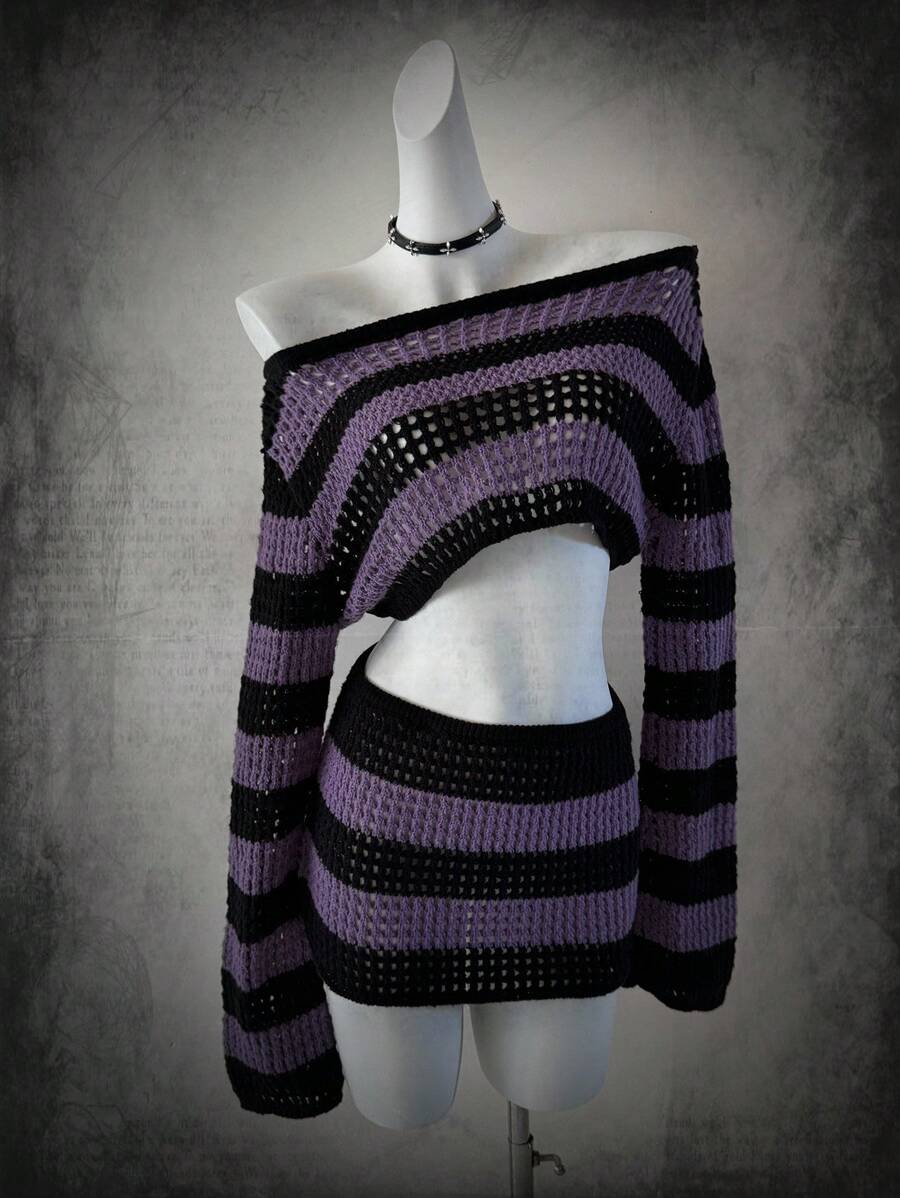 SHEIN Unity Y2K 女款露肩短款镂空针织上衣和迷你裙套装 - 彩色 - 查看 1