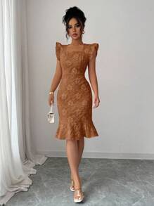 Elenzga Váy đi làm bằng vải jacquard cổ vuông tay lửng thanh lịch dành cho nữ, mùa hè - màu nâu - Xem 3