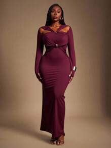 Radiana 大码女式优雅修身长袖束腰连衣裙，适合派对和聚会 - 紅色 - 查看 4