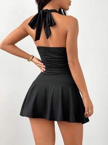 SHEIN Tall 1 件女式 V 领收腰 A 字休闲度假连衣裙，黑色，春夏 - 黑色 - 查看 2