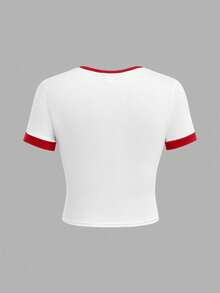 SHEIN Leap Crew 复古美国樱桃印花，青少年女孩修身休闲简约舒适圆领短袖 T 恤，适合夏季