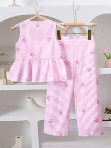 SHEIN Playful Pals 2 件装年轻女孩蝴蝶结条纹无袖上衣，带荷叶边下摆和裤子休闲装 - 粉色 - 查看 2