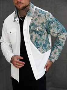 Manfinity CasualCool 男士花卉印花前扣口袋休闲长袖夹克，秋季 - 彩色 - 查看 7