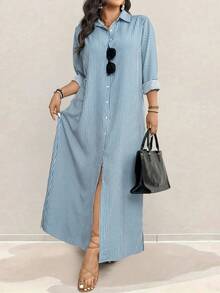 Linhara Váy sơ mi dài phong cách ngày lễ cỡ lớn cho nữ, áo sơ mi dài tay, khối màu & sọc, nút đơn - Màu xanh nhạt - Xem 1