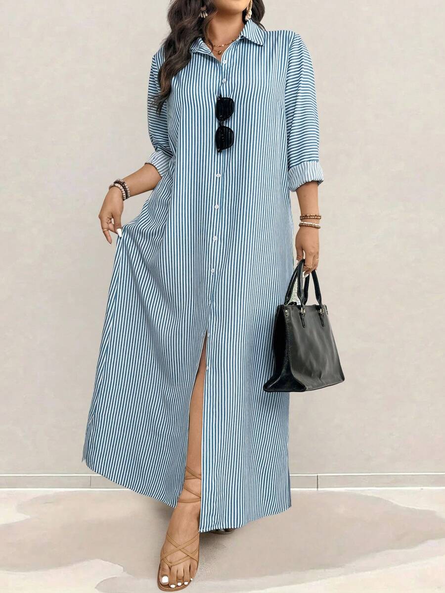 Linhara Váy sơ mi dài phong cách ngày lễ cỡ lớn cho nữ, áo sơ mi dài tay, khối màu & sọc, nút đơn - Màu xanh nhạt - Xem 1