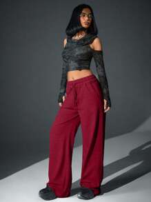 CasuGlow Femmes, Printemps, Automne, Hiver, Pantalons de survêtement, Bord brut, Poche, Cordon de serrage, Coupe ample, Jambe large, Broderie, Pantalons, Pantalons petite taille, Vêtements pour femmes petite taille, Automne, Pantalons noirs, Petite taille