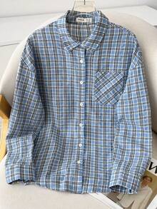 青少年女孩休闲宽松复古学院风长袖衬衫（蓝白配色），返校季 - 藍色 - 查看 2